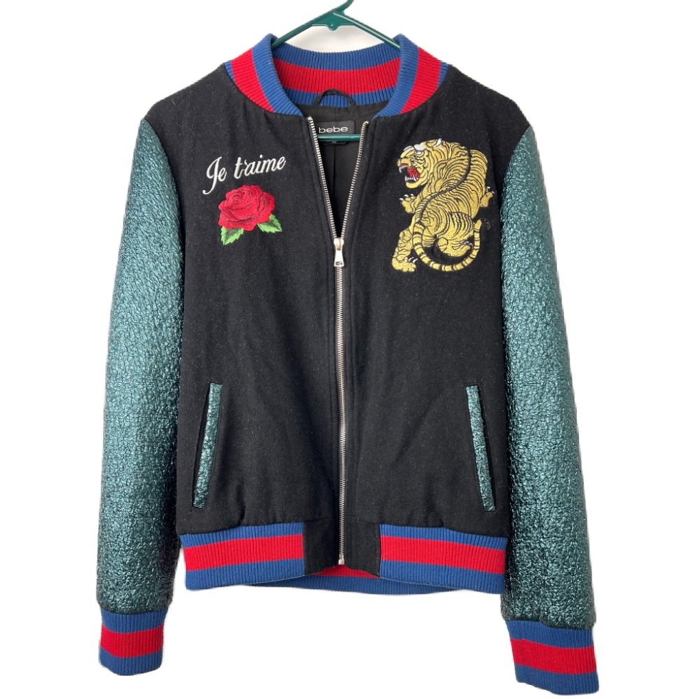 Bebe Felted Bomber Embroidered Jacket sz M Black Multi Y2K Asian Metallic Sleeve